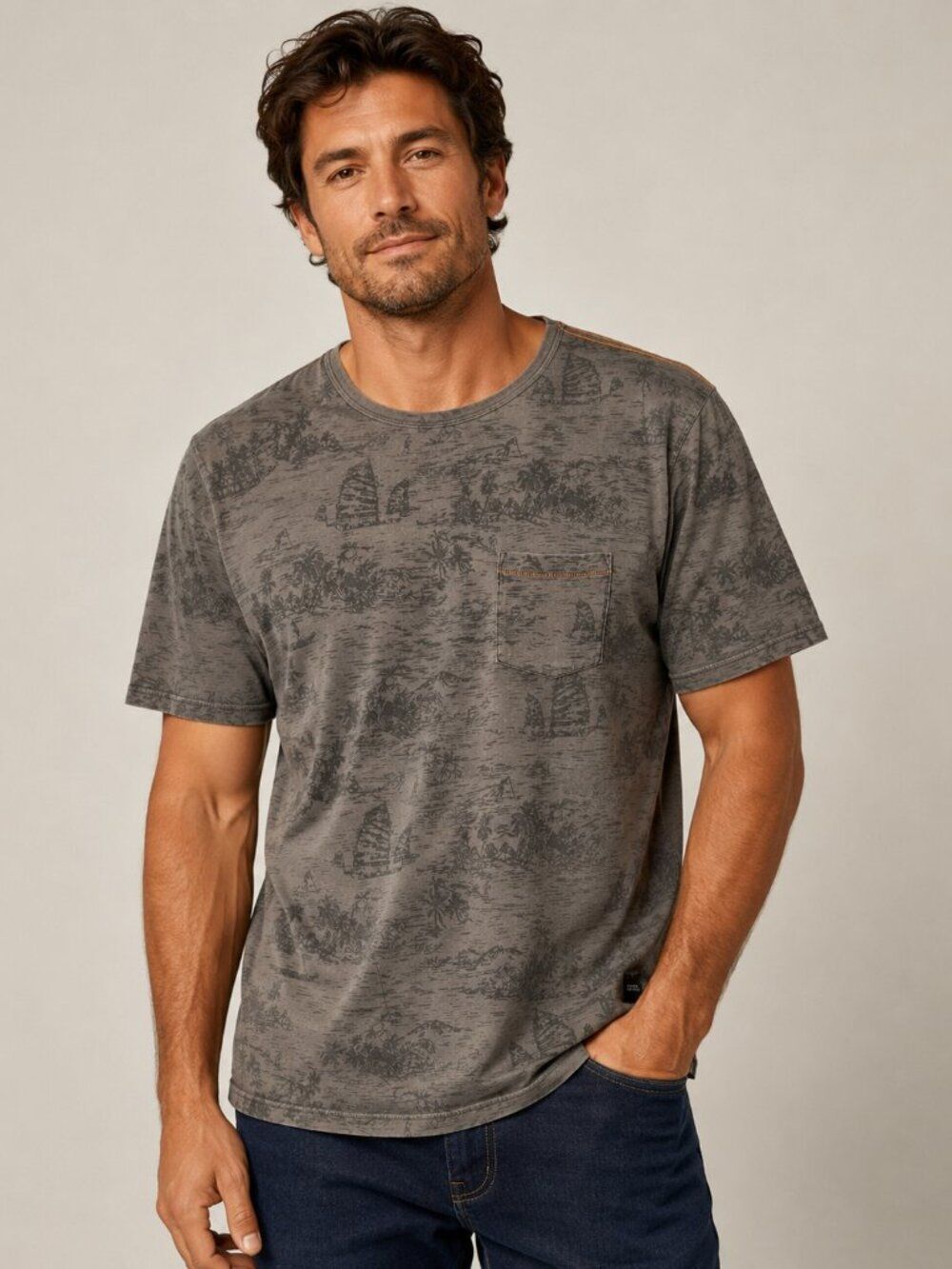 Roark Revival Men’s L Tropical Graphic Pocket Tee Gray 100% Cotton Surf Coastal
